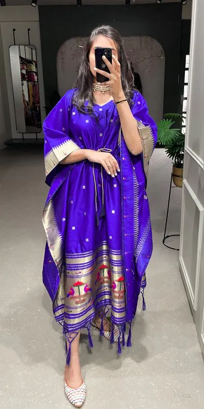 Glamorous Royal Blue Color Jacquard Zari Work Kaftan Kurti