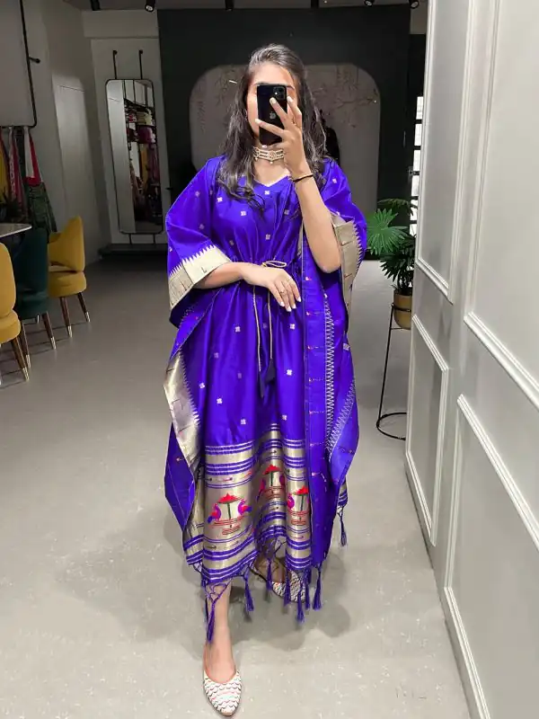 Glamorous Royal Blue Color Jacquard Zari Work Kaftan Kurti