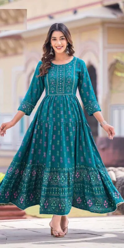 Good-Looking Peacock Green Color Rayon Print Hand Work Gown