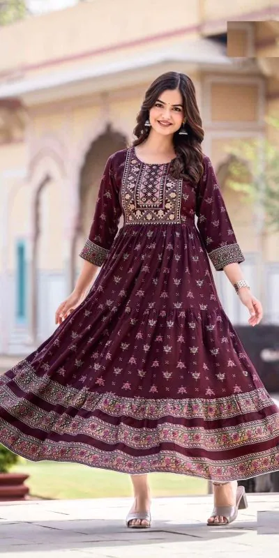 Good-Looking Purple Color Heavy Rayon Printed Hand Work Gown