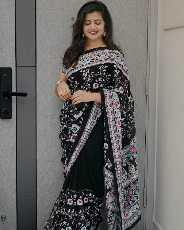 Graceful Black Color Faux Georgette Embroidery Work Saree