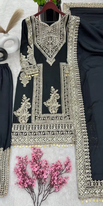 Grand Black Color Chinnon Silk Embroidery Coding Salwar Suit
