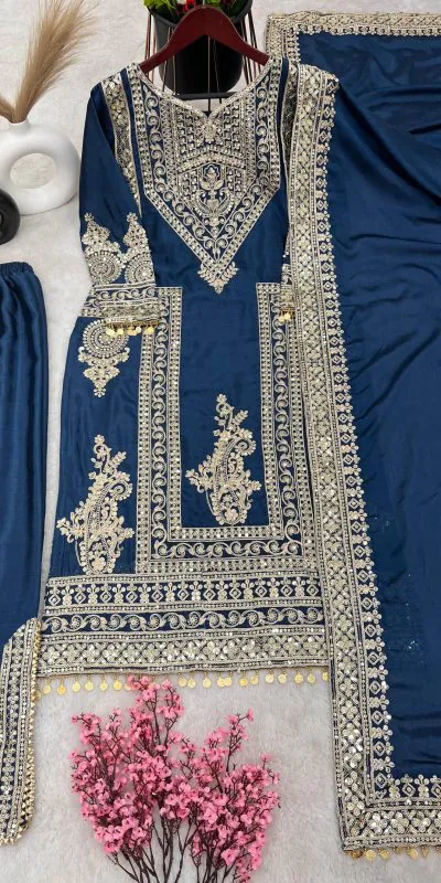 Grand Blue Color Chinnon Silk Embroidery Coding Salwar Suit