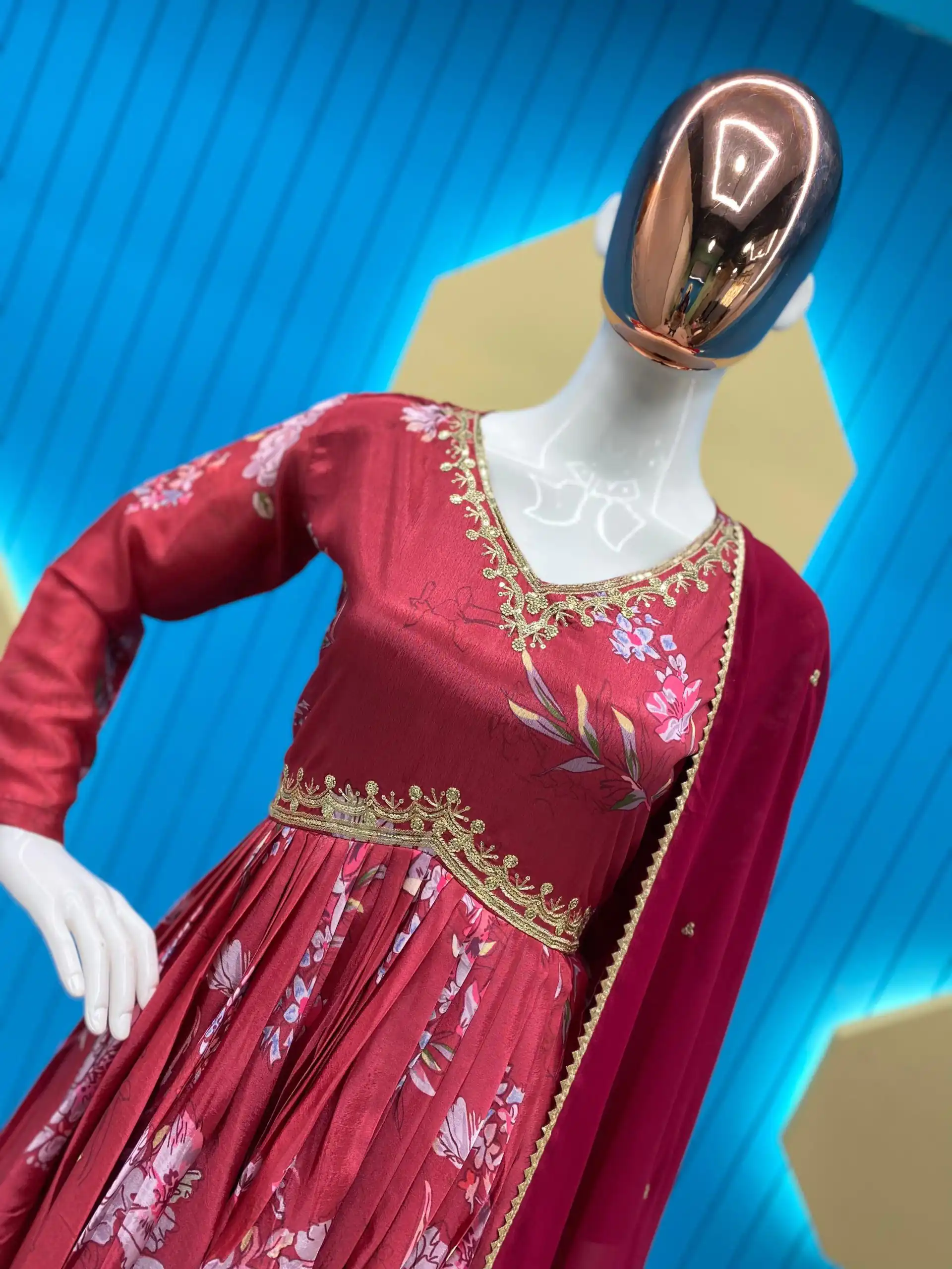 Grand Red Color Chinon Printed Sequence Embroidery Salwar Suit - Image 2