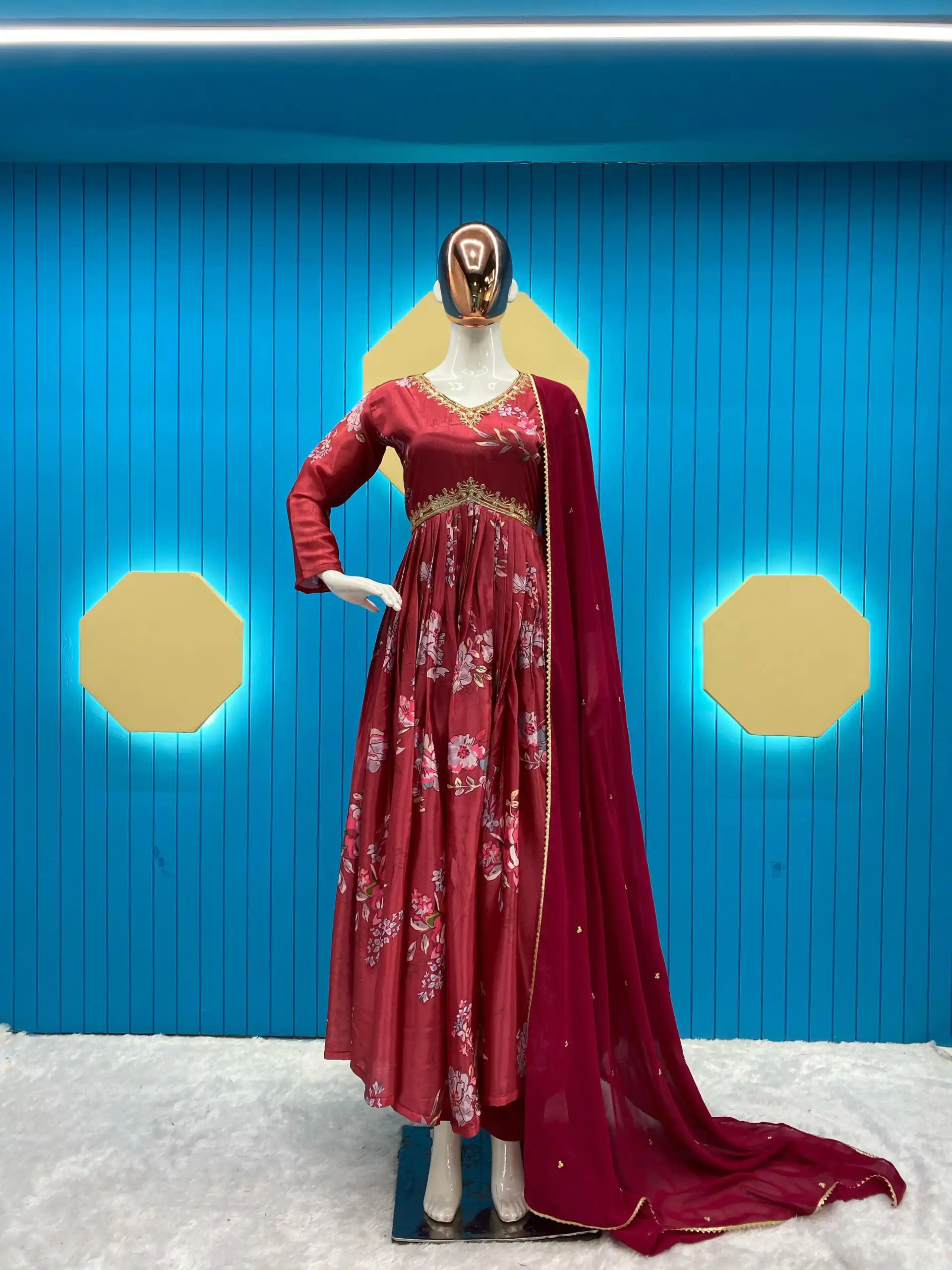 Grand Red Color Chinon Printed Sequence Embroidery Salwar Suit