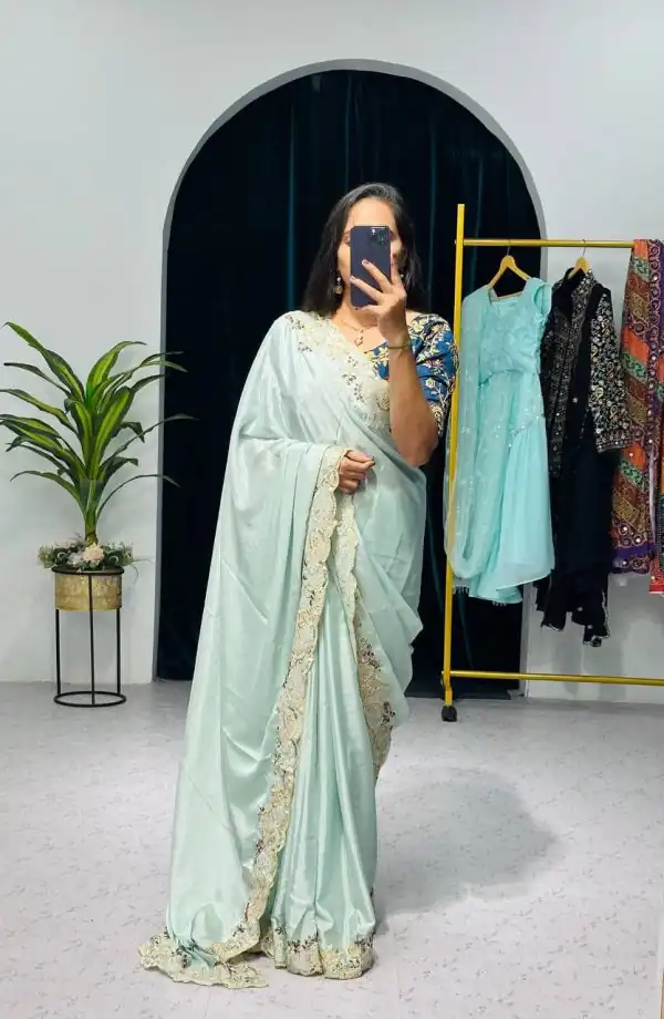 Light Pista Green Color Chinon Embroidery Cotton Thread Saree