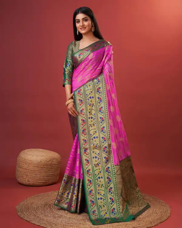 Magnificent Pink Color Pure Lichi Silk Gold Zari Weaving Saree