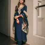 Majestic Navy Blue Color Chinnon Silk Embroidery Salwar Suit