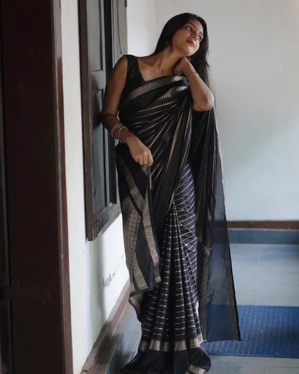 Musical Silver Black 2 Color Soft Lichi Silk Ordinary Design Saree