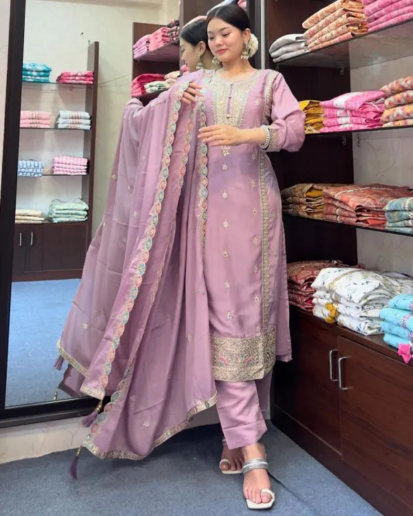 Nice Light Purple Color Pure Chinnon Silk Embroidery Salwar Suit