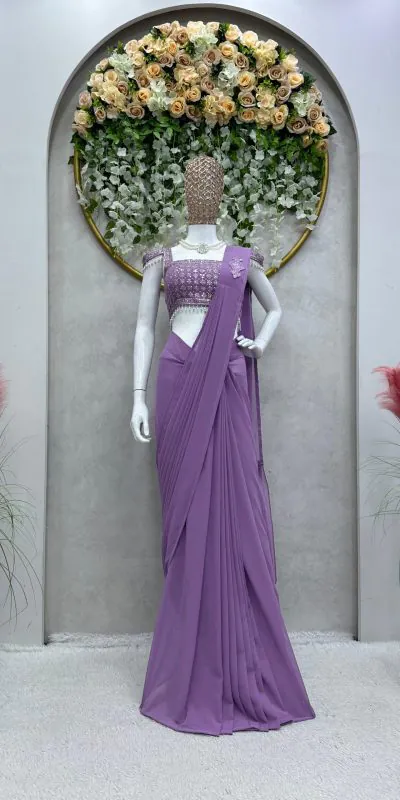 Nice Purple  Color Faux Georgette Ruffle Patch Work Saree