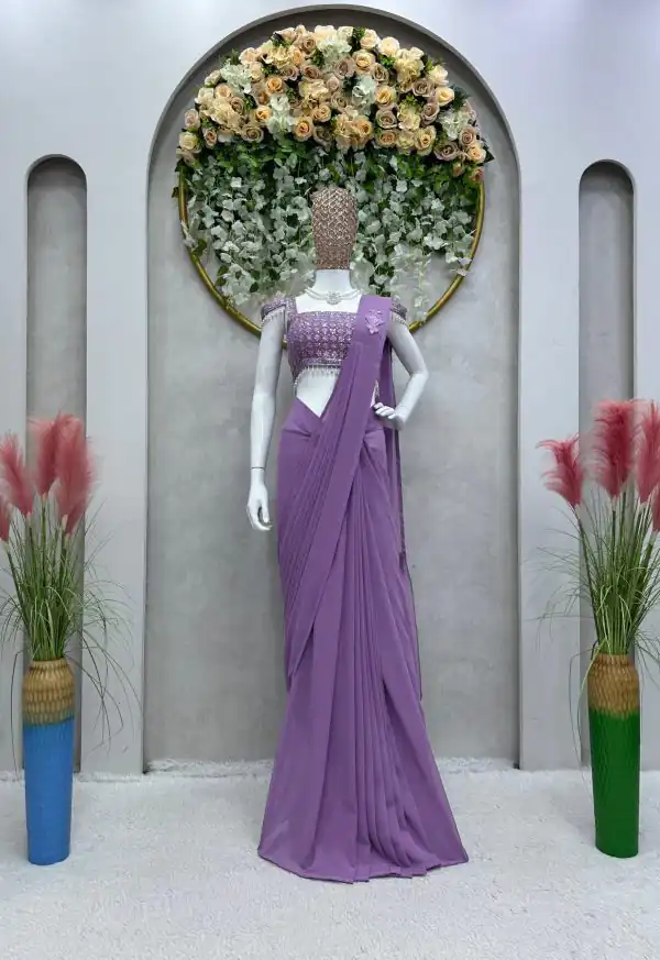 Nice Purple  Color Faux Georgette Ruffle Patch Work Saree