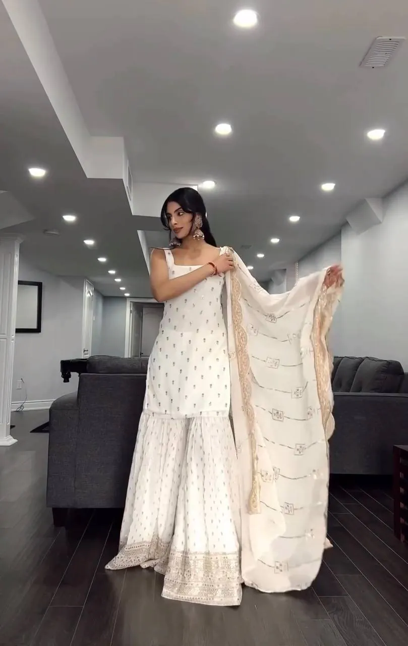 Peaceful White Color Pure Chinnon Silk Embroidery Salwar Suit