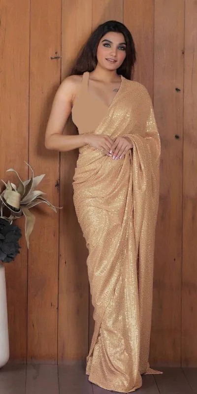 Perfect Chiku Color Georgette Double Run Embroidery Saree