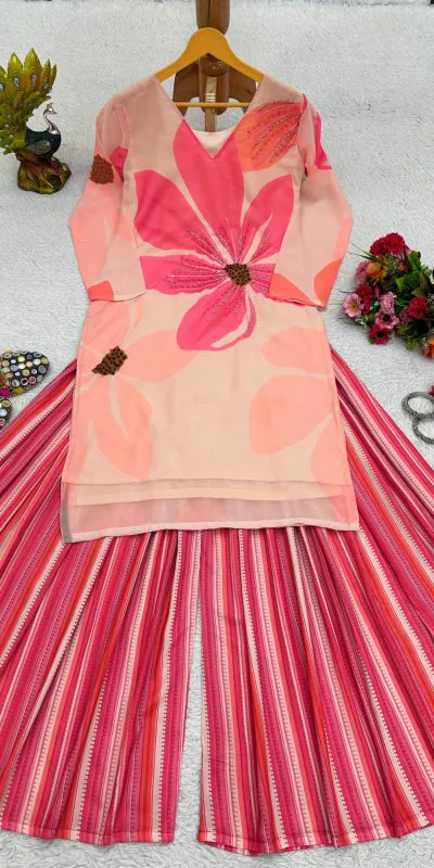 Perfect Pink Color Georgette Digital Print Handwork Salwar Suit