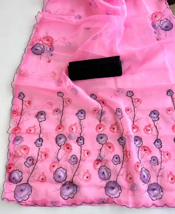 Perfect Pink Color Organza beautiful floral Digital Print Saree