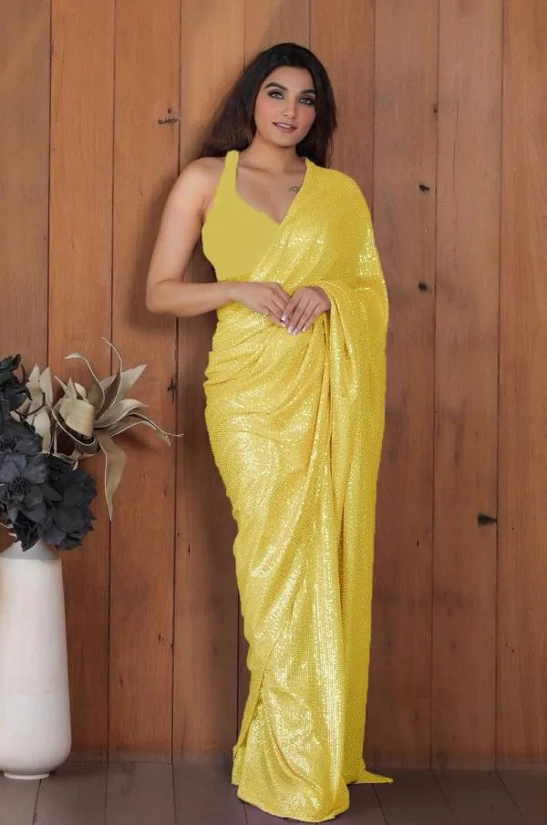 Perfect Yellow Color Georgette Double Run Embroidery Saree