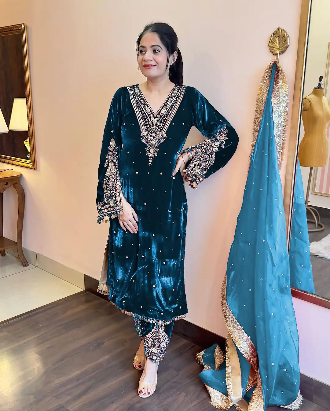 Pretty Blue Color Heavy Pure Viscose Velvet Embroidery Sharara - Image 2