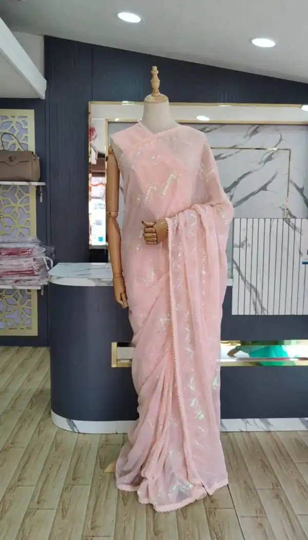 Pretty Light Pink Color Georgette Thread Sequence Lace Saree