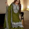 Pretty Mehndi Color Georgette Embroidery Sequence Salwar Suit