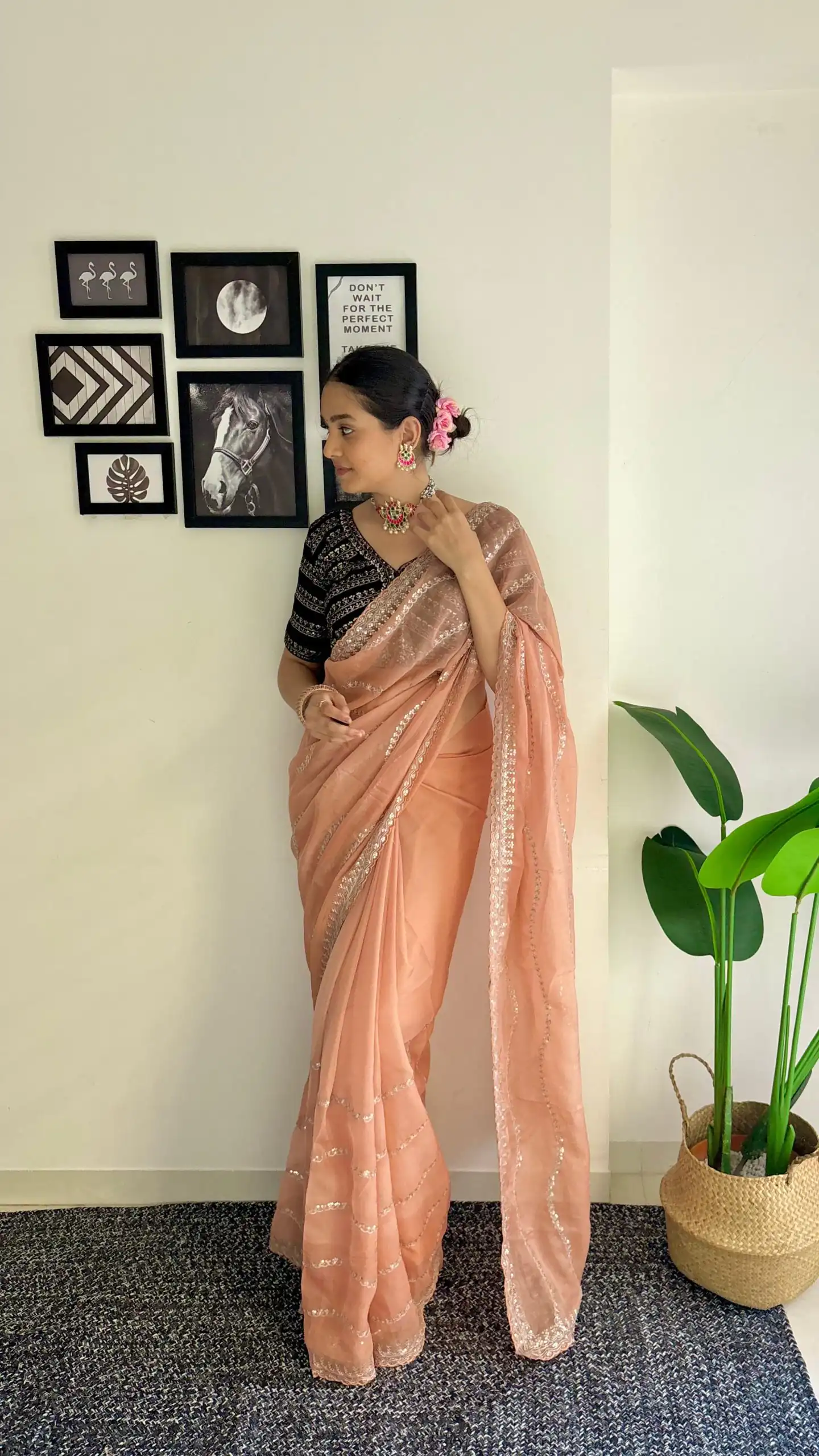 Pretty Peach Color Soft Organza Zari With Sequence Saree