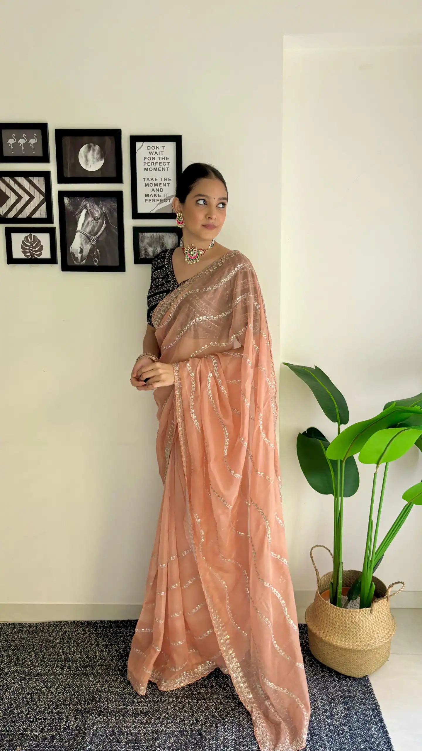 Pretty Peach Color Soft Organza Zari With Sequence Saree - Image 3