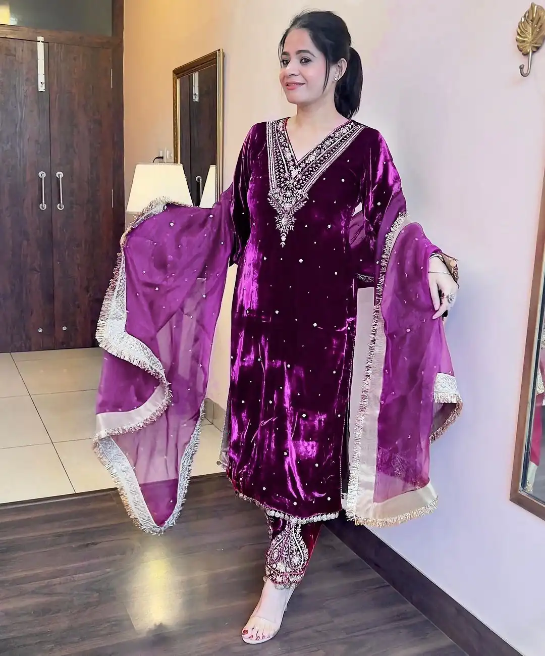 Pretty Purple Color Heavy Pure Viscose Velvet Embroidery Sharara