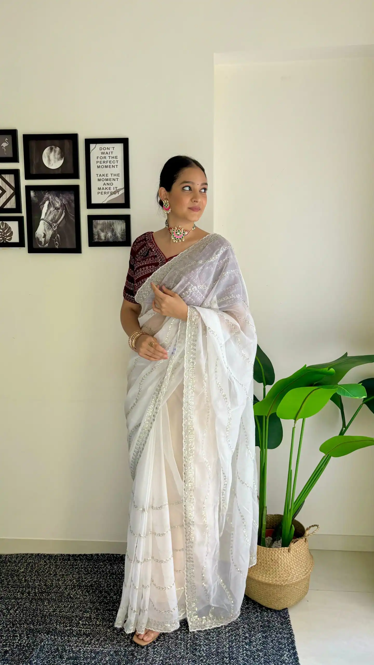 Pretty White Color Soft Organza Zari With Sequence Saree - Image 3