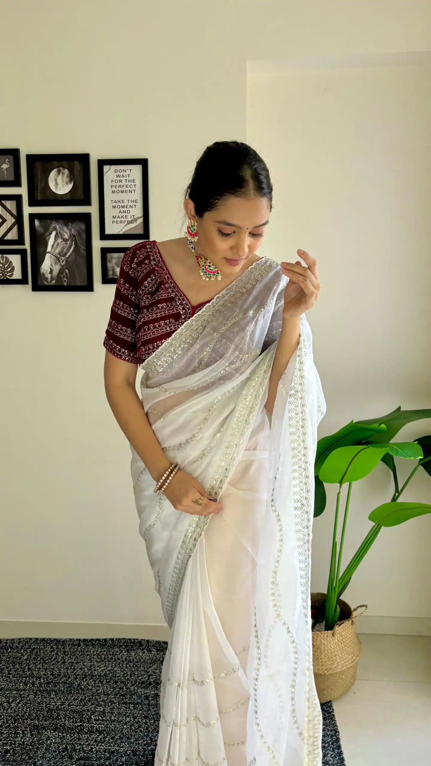 Pretty White Color Soft Organza Zari With Sequence Saree - Image 2