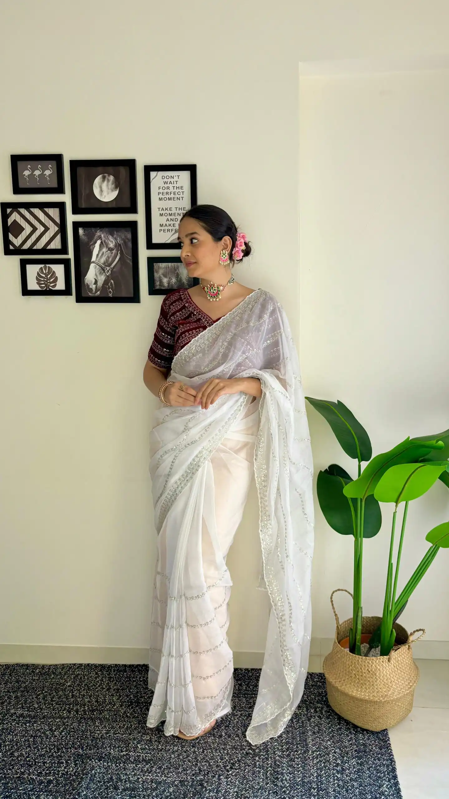 Pretty White Color Soft Organza Zari With Sequence Saree - Image 4
