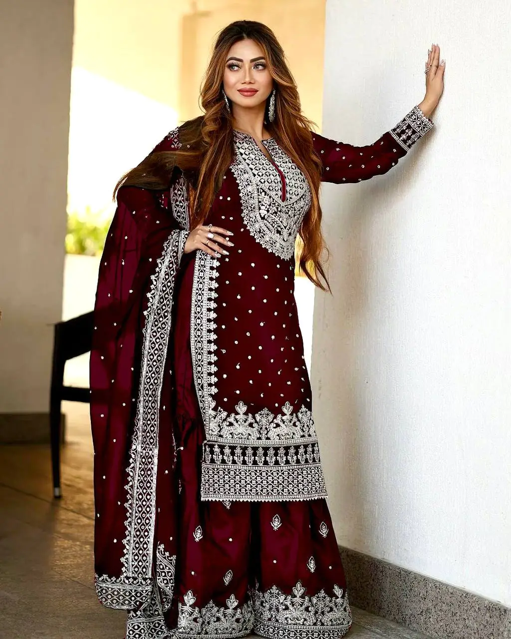 Pretty Wine Color Georgette Embroidery Sequence Salwar Suit - Image 2