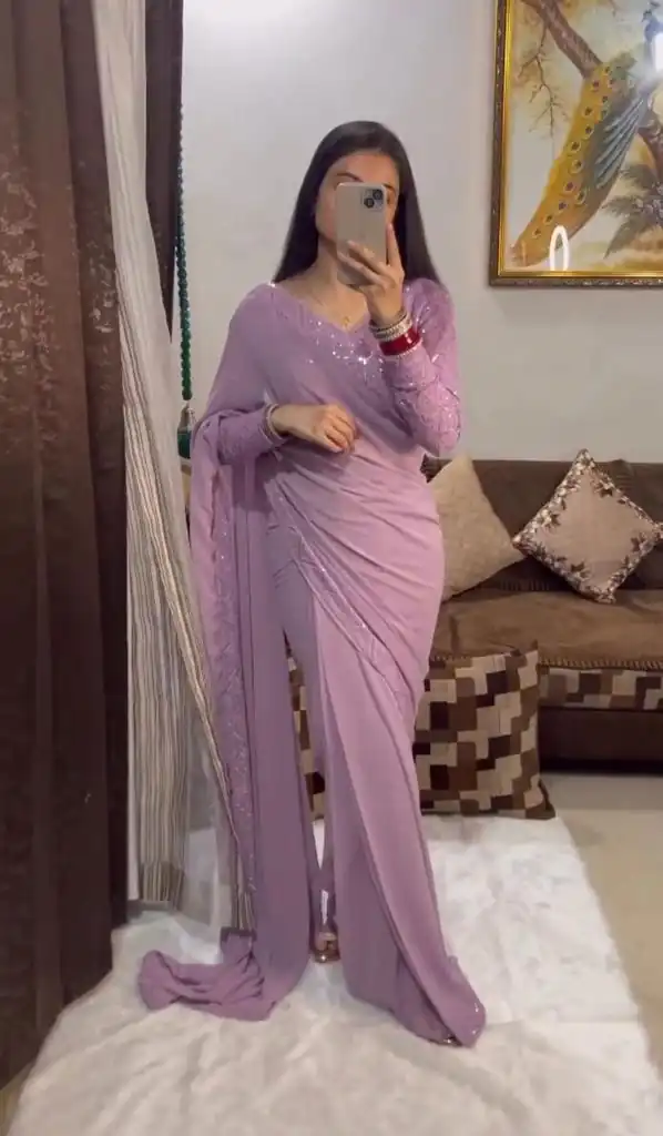 Pure Light Purple Color Georgette Embroidery Thread Work Saree
