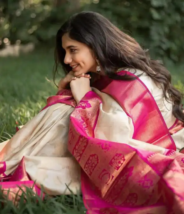 Special Cream Color Soft Lichi Silk Cloth Beautiful Rich Pallu Saree