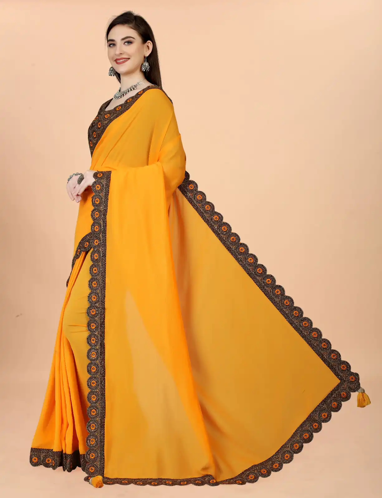 Resplendent Orange Color Vichitra Design Work lace Work Saree - Image 2
