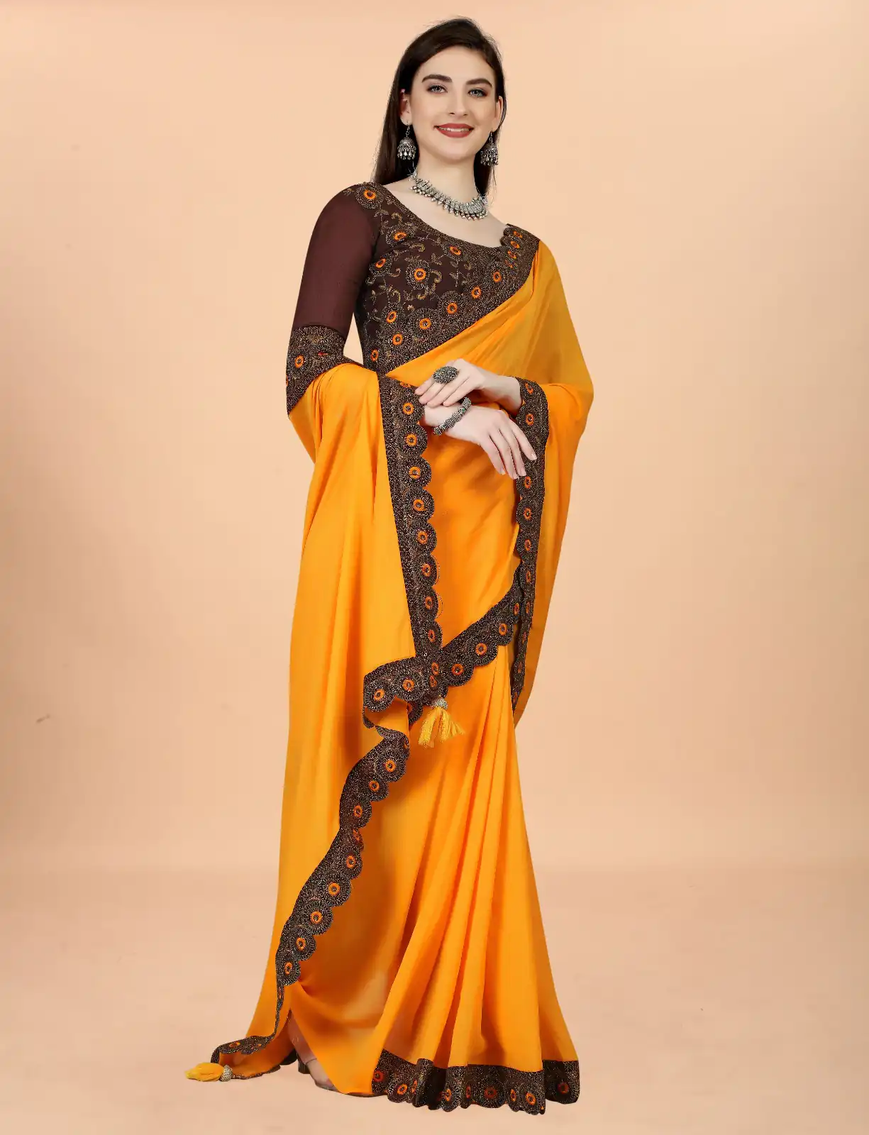 Resplendent Orange Color Vichitra Design Work lace Work Saree - Image 3