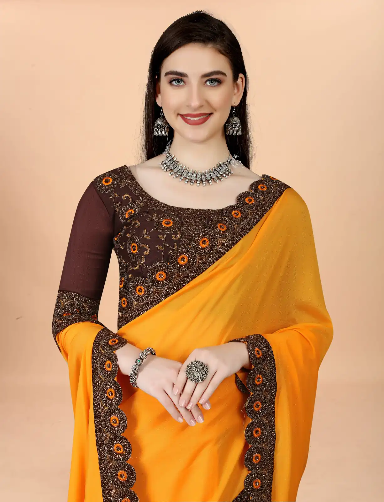 Resplendent Orange Color Vichitra Design Work lace Work Saree - Image 4
