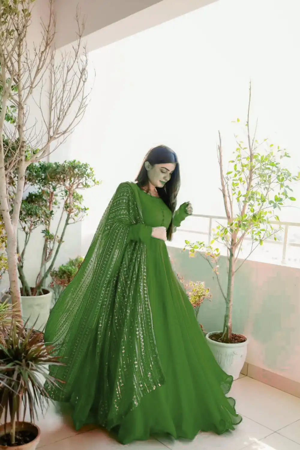 Special Green Faux Georgette Thread With Sequence Anarkali Suit - Image 2