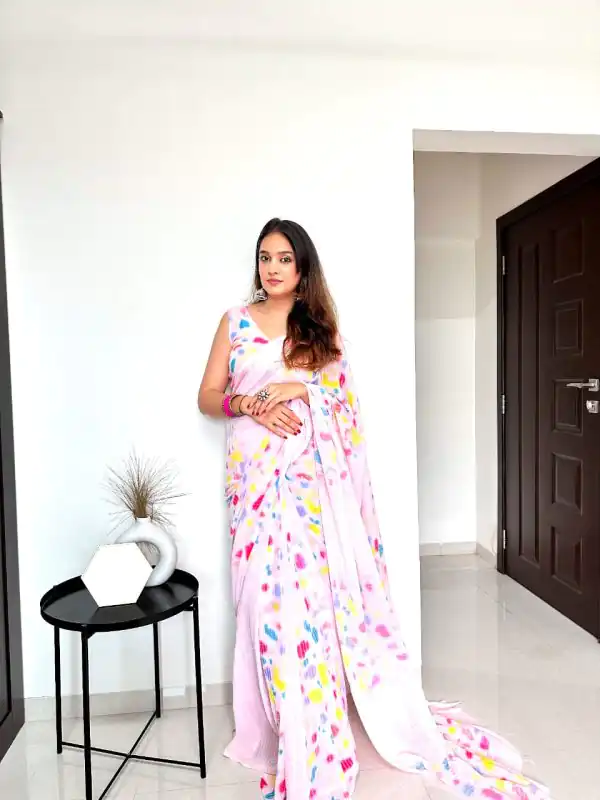 Special Light Pink Color faux Georgette Digital Printed Allover Saree