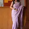 Stylish Violet Color Vichitra Silk Cotton Embroidery Work Saree