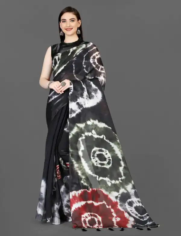 Sublime Black Color Zimmi Chu Digital Sibori Printed Work Saree
