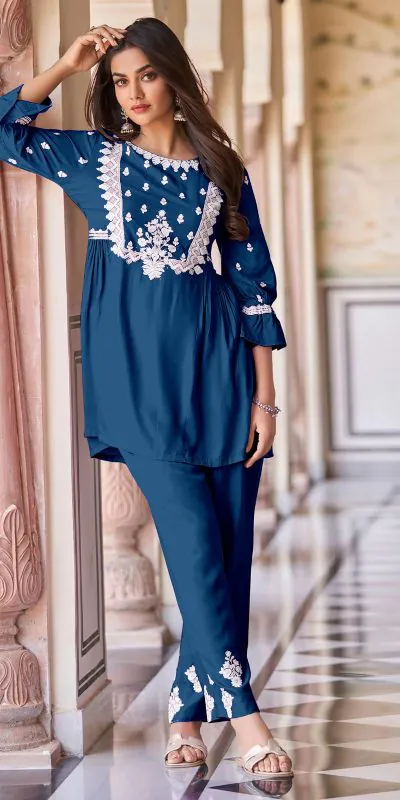 Sublime Navy Blue Color Rayon With Beautiful Embroidery Kurti