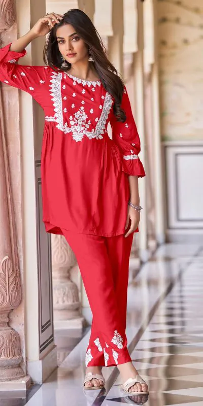Sublime Red Color Rayon With Beautiful Embroidery Work Kurti