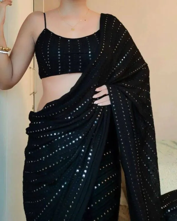 Superb Black Color Georgette Embroidery Cotton Thread Saree