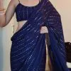 Superb Blue Color Georgette Embroidery Cotton Thread Saree
