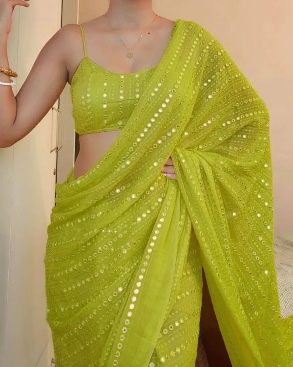 Superb Green Color Georgette Embroidery Cotton Thread Saree
