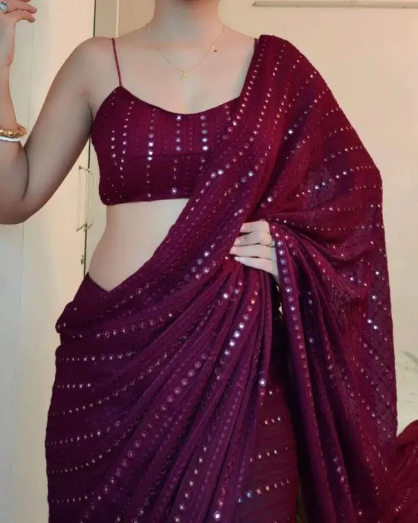Superb Maroon Color Georgette Embroidery Cotton Thread Saree