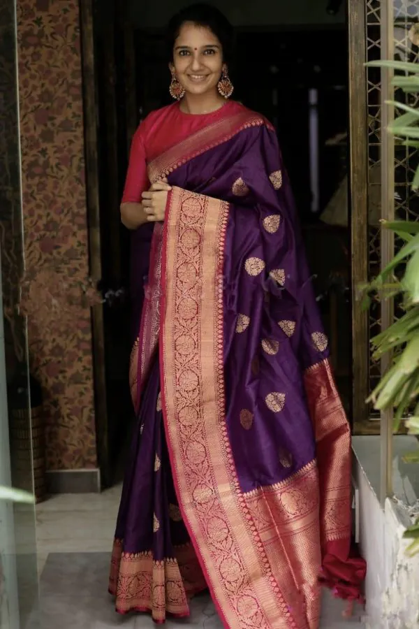Superb Purple Color Soft Lichi Silk Cloth Beautiful Rich Pallu Saree
