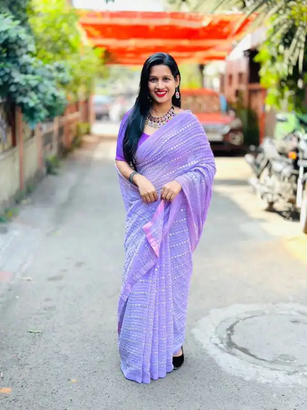 Superb Violet Color Georgette Embroidery Cotton Thread Saree