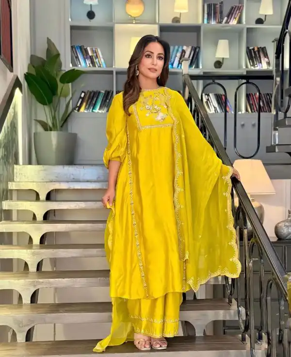 Superb Yellow Chinnon Silk Embroidery Sequence Salwar Suit