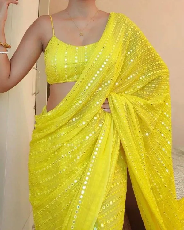 Superb Yellow Color Georgette Embroidery Cotton Thread Saree